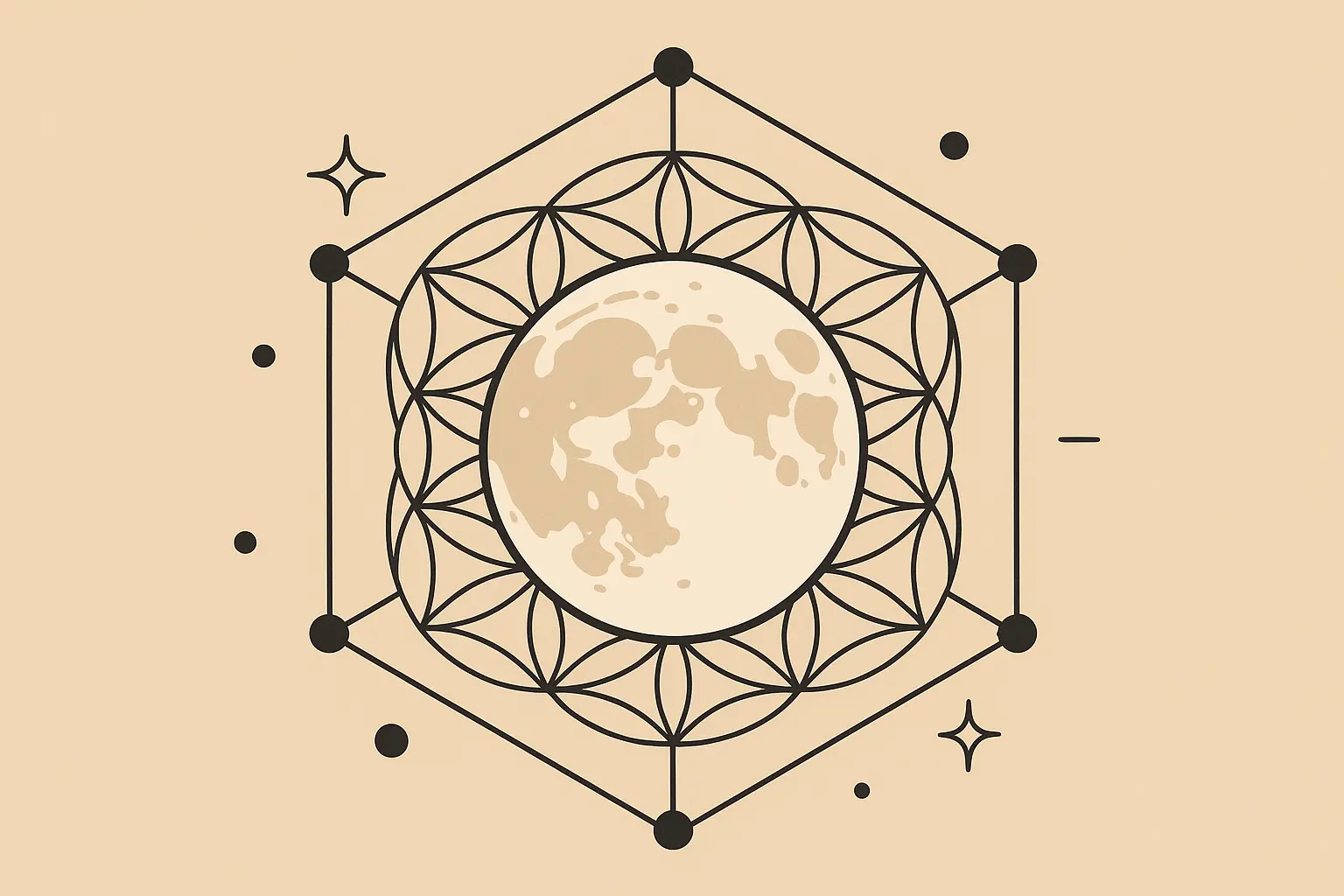 Geometric full moon tattoo with sacred geometry patterns