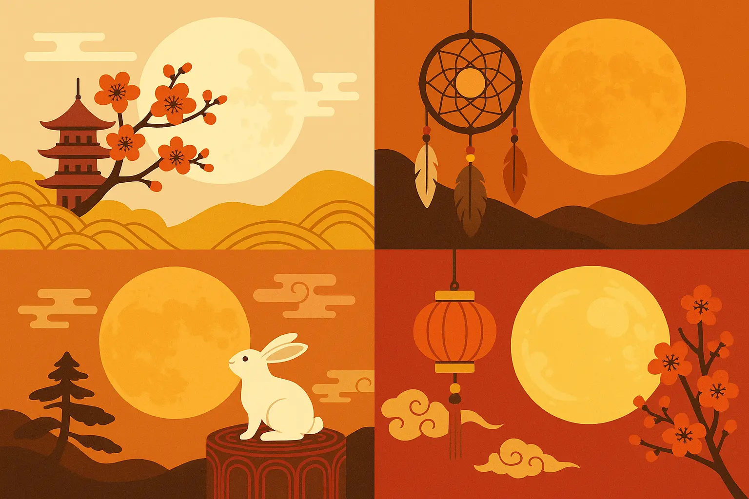 Traditional cultural full moon tattoo designs from various cultures