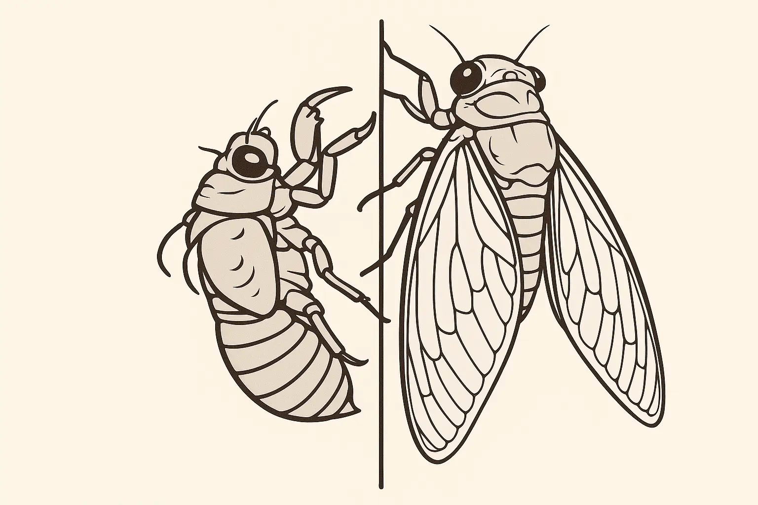 Detailed realistic cicada tattoo showing emergence and transformation