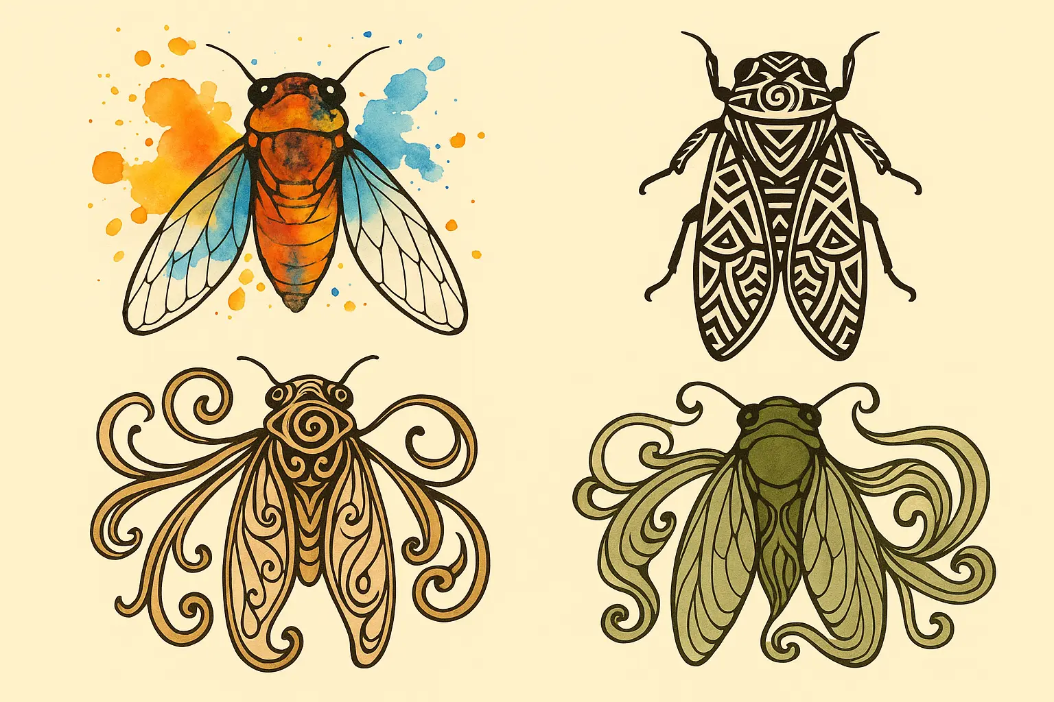Artistic and stylized cicada tattoo interpretations with creative elements