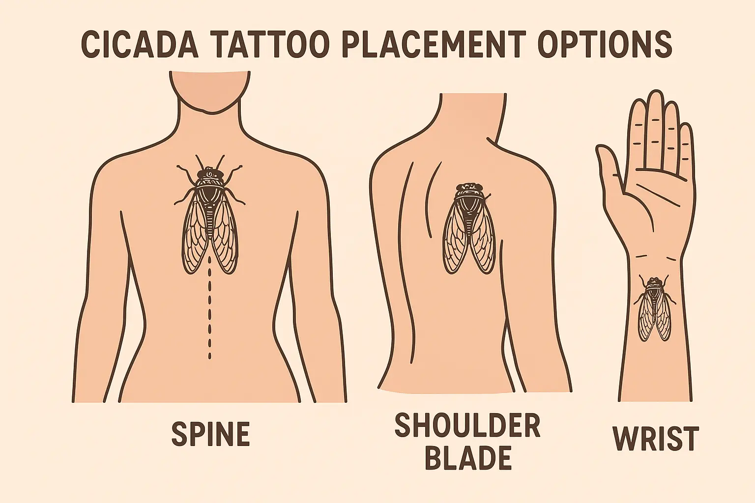 Placement-specific cicada tattoo designs showing anatomical integration