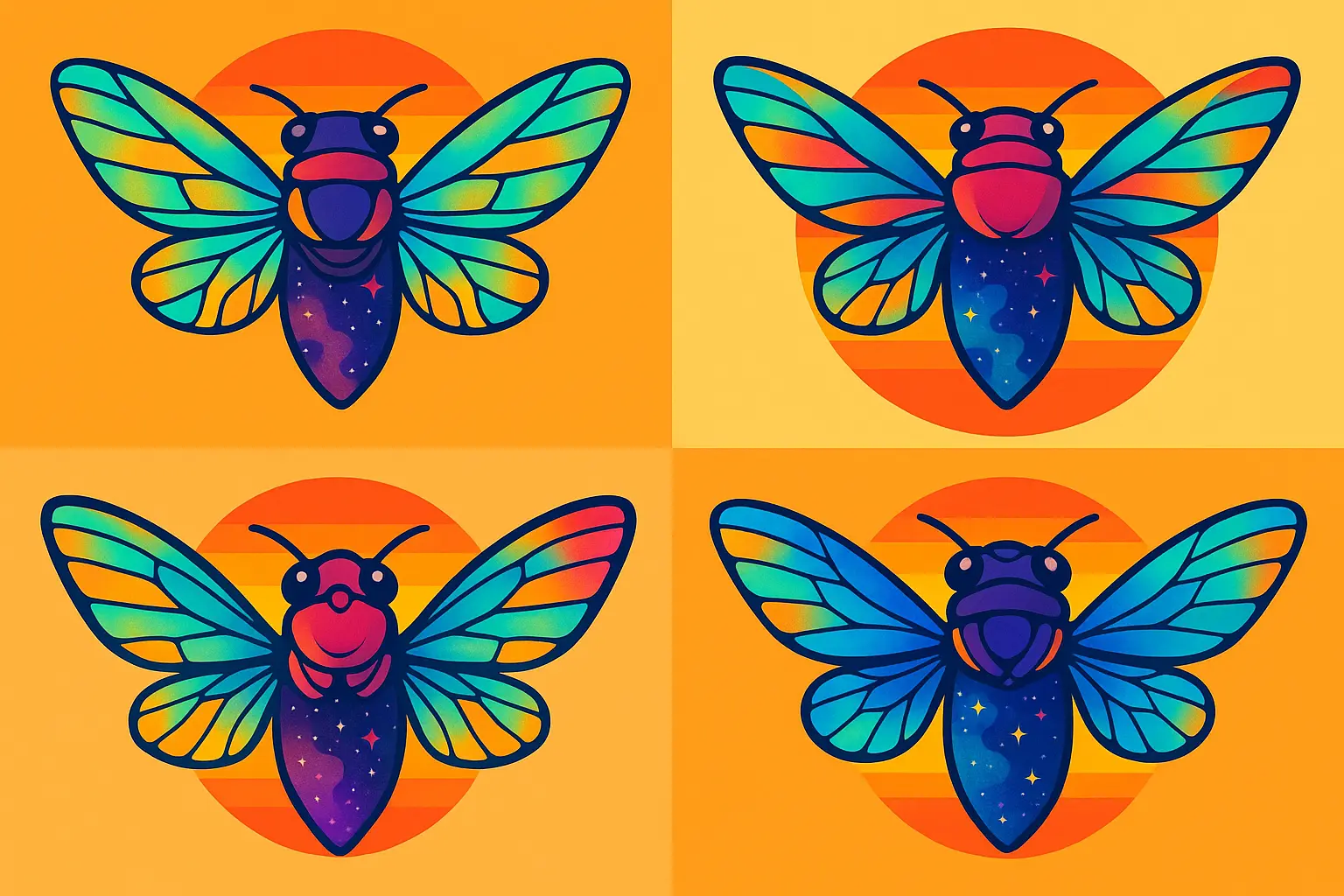 Colorful and enhanced cicada tattoo designs with artistic elements