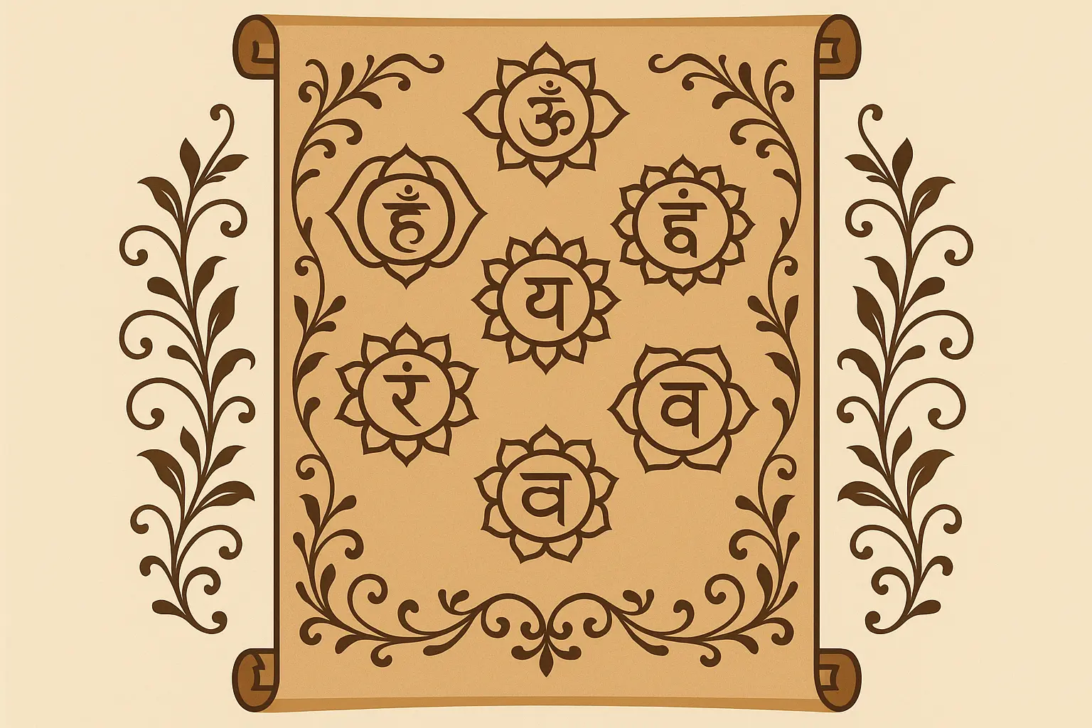 Sanskrit chakra mantras scroll tattoo