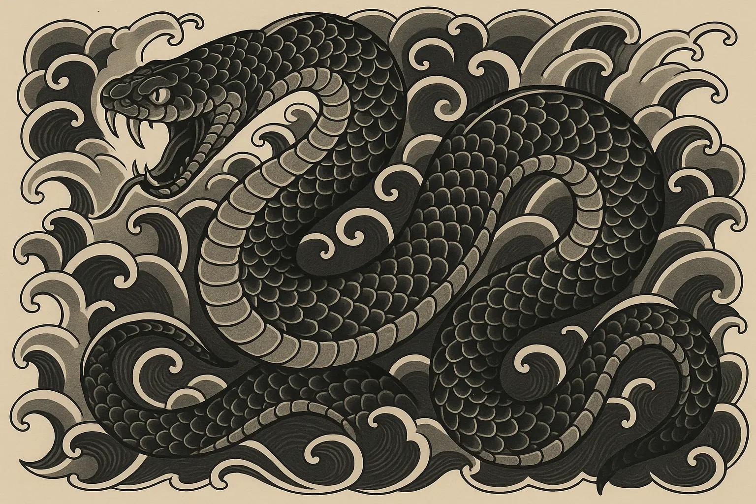 Black and grey Japanese snake tattoo
