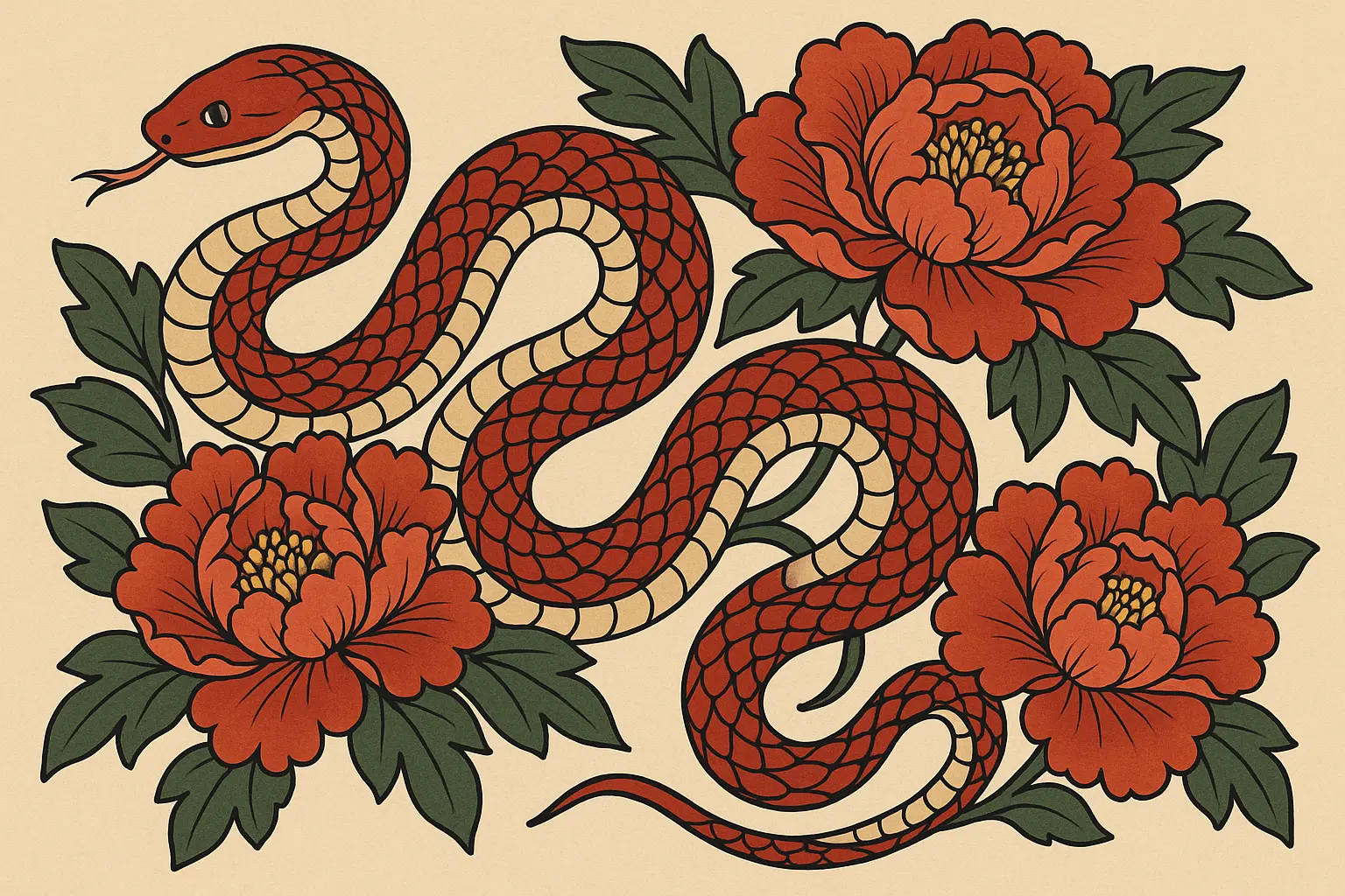 Japanese snake and flower tattoo combination