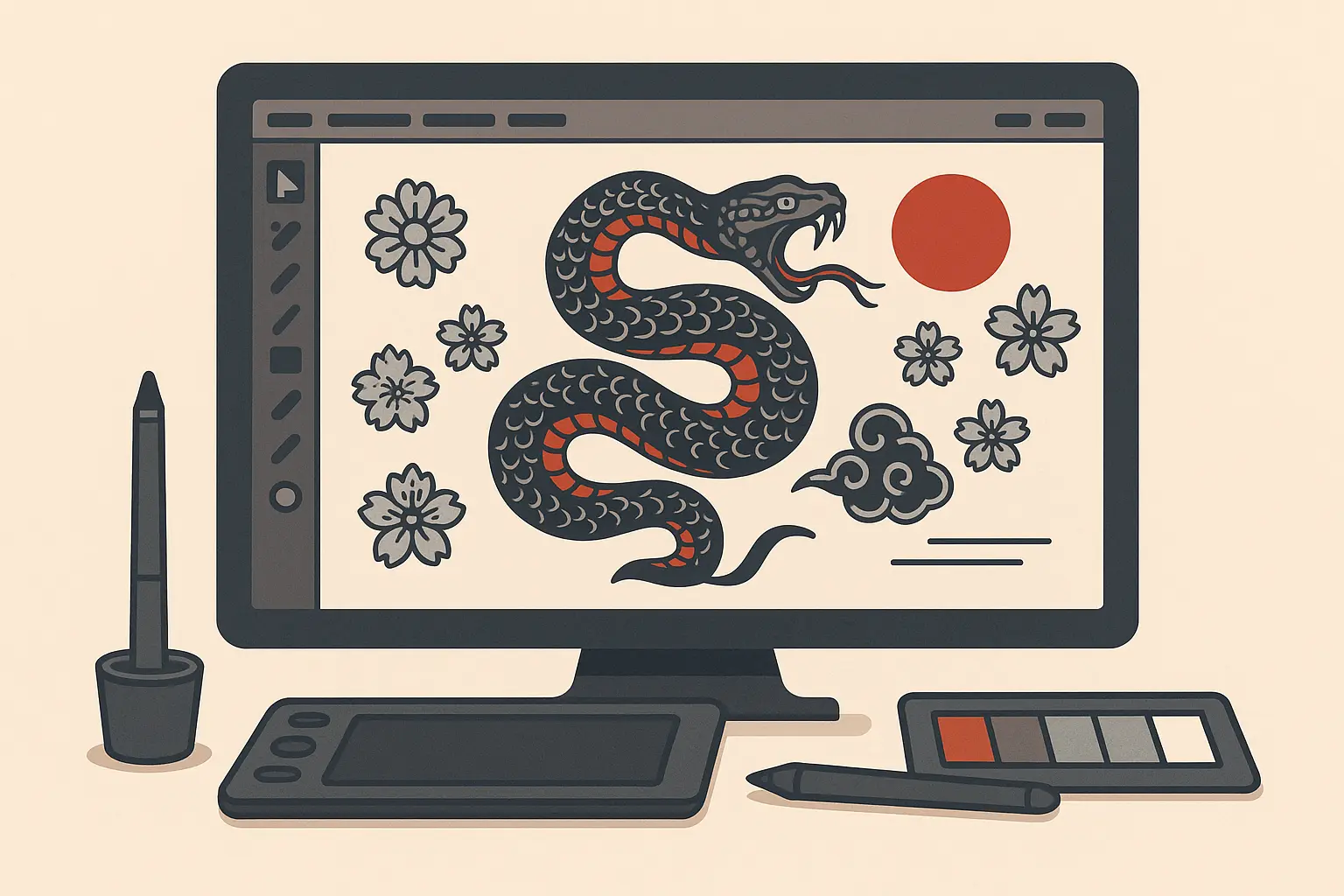 Professional Japanese snake tattoo design tools