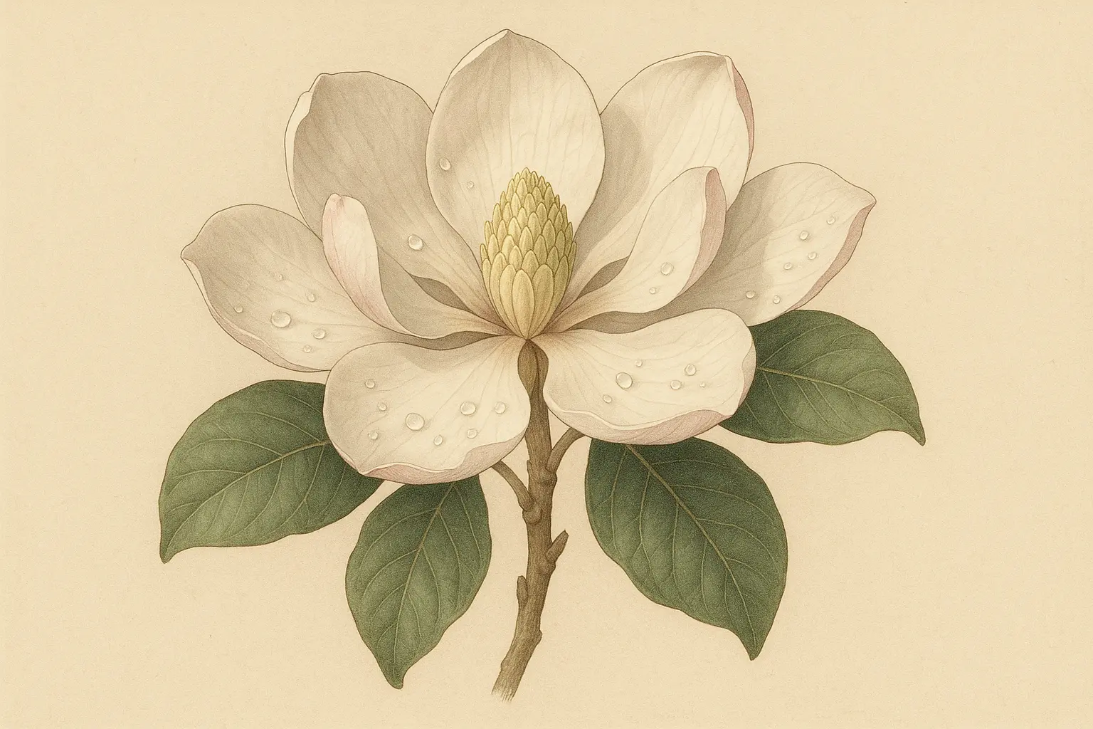 Realistic magnolia tattoo with water droplets