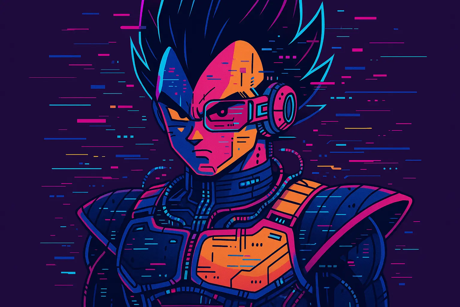 Cyberpunk Vegeta tattoo with neon effects