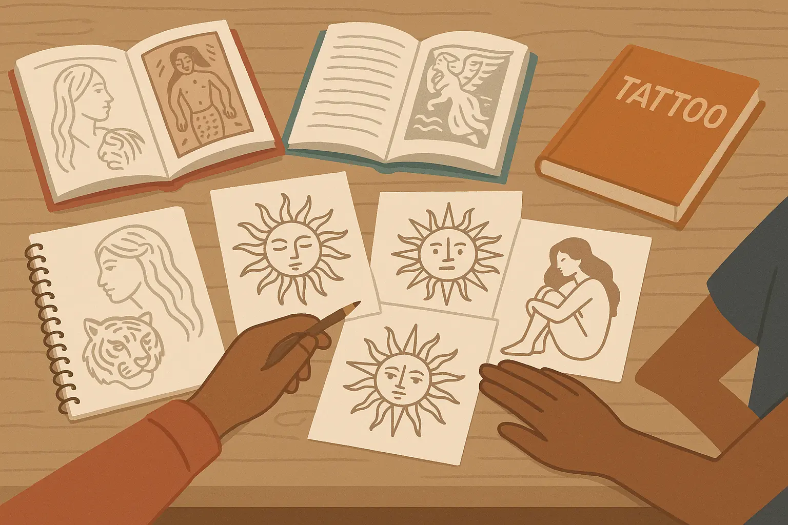 Artist consultation for sun tattoo design