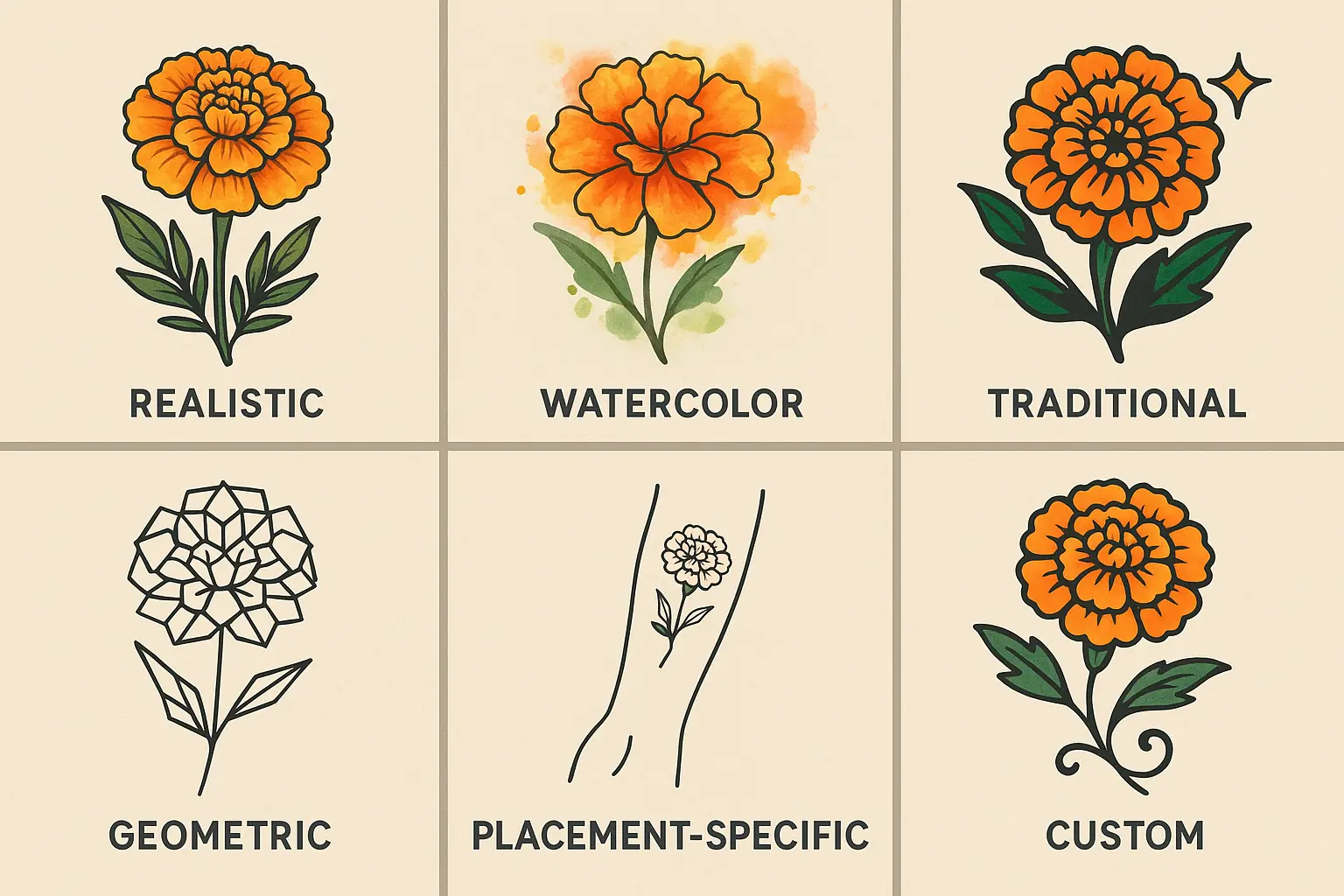 Collection of marigold tattoo design styles
