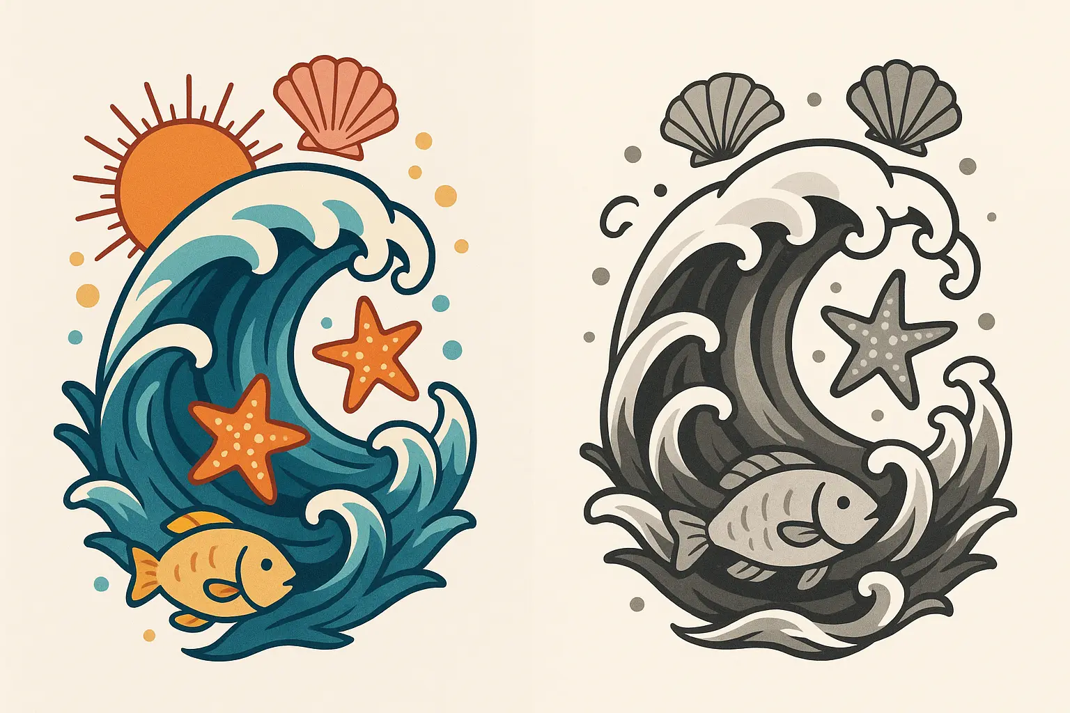 Color versus black and gray ocean tattoo comparison