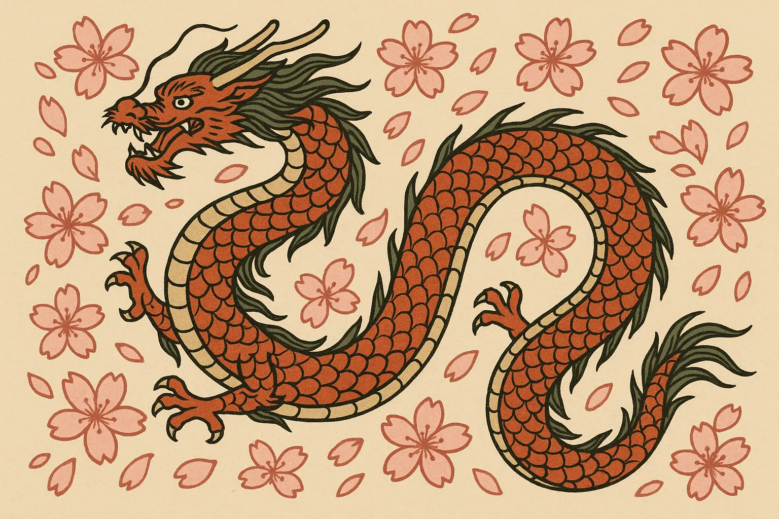 Japanese red dragon with cherry blossoms tattoo