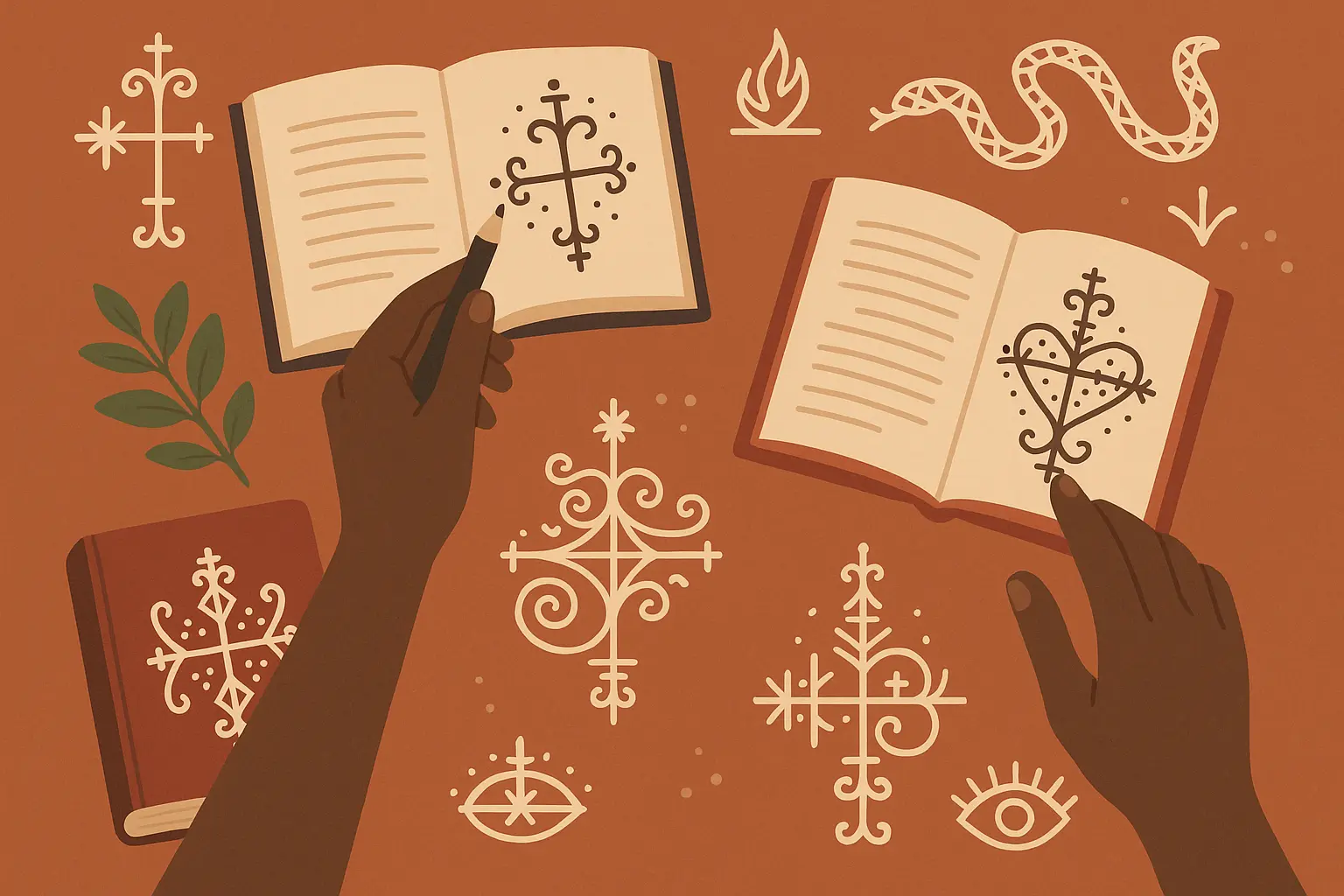 Traditional voodoo symbols and spiritual elements