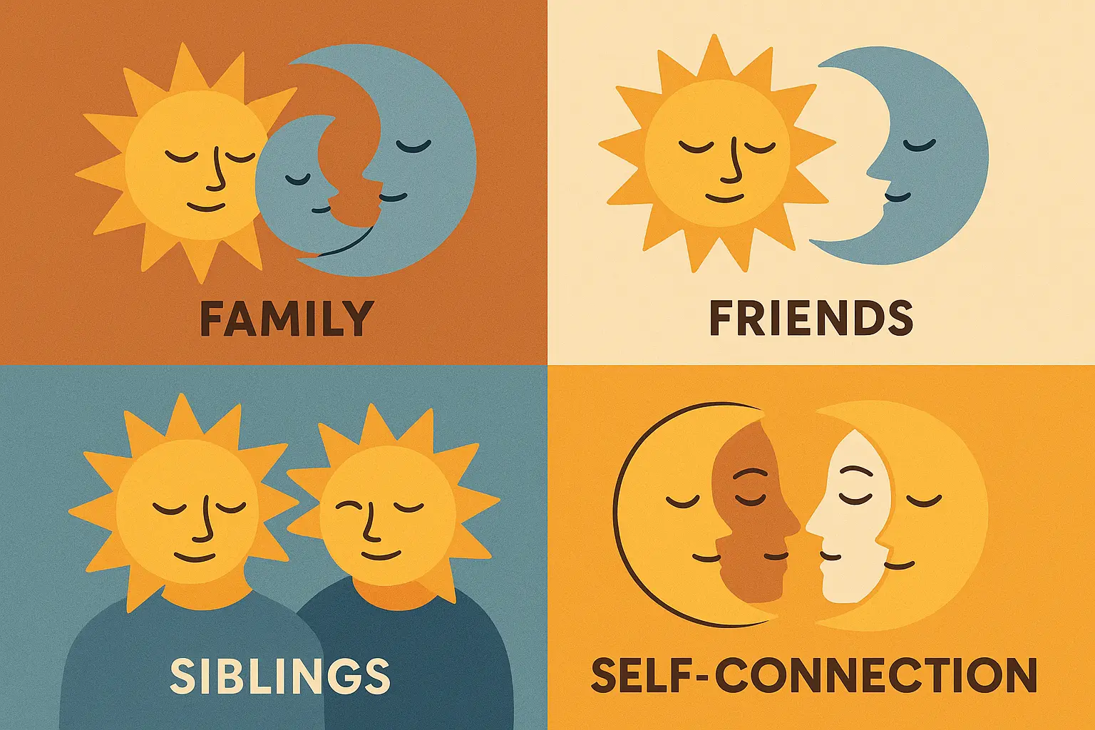 Family sun and moon matching tattoos representing different relationship bonds