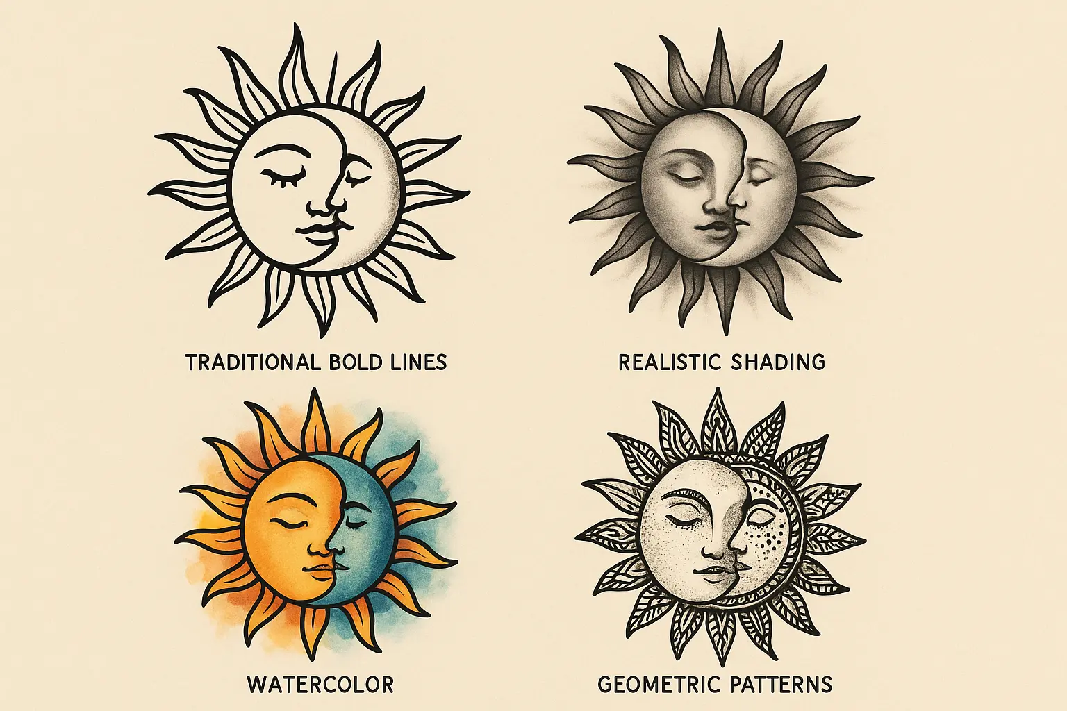 Different tattoo styles showing sun and moon designs