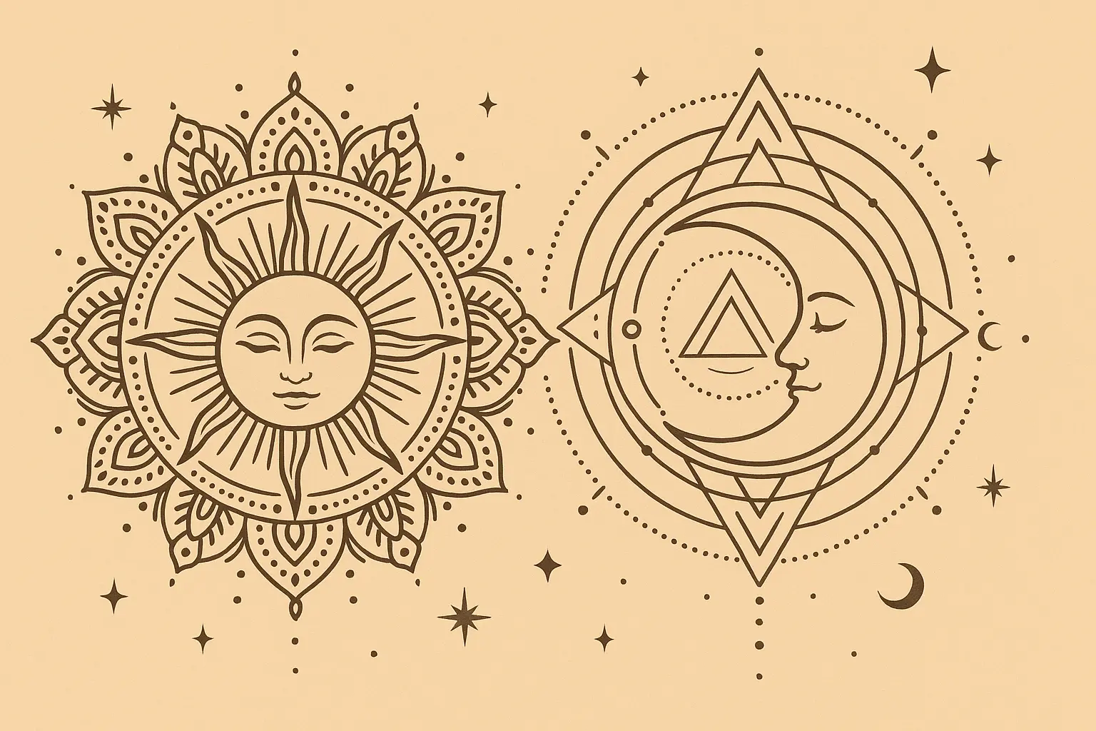 Sacred geometry sun and moon tattoo with mandala patterns