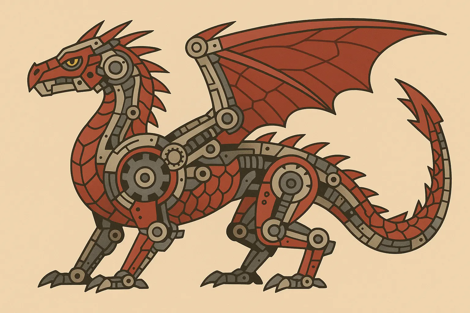 Biomechanical red dragon tattoo fusion design