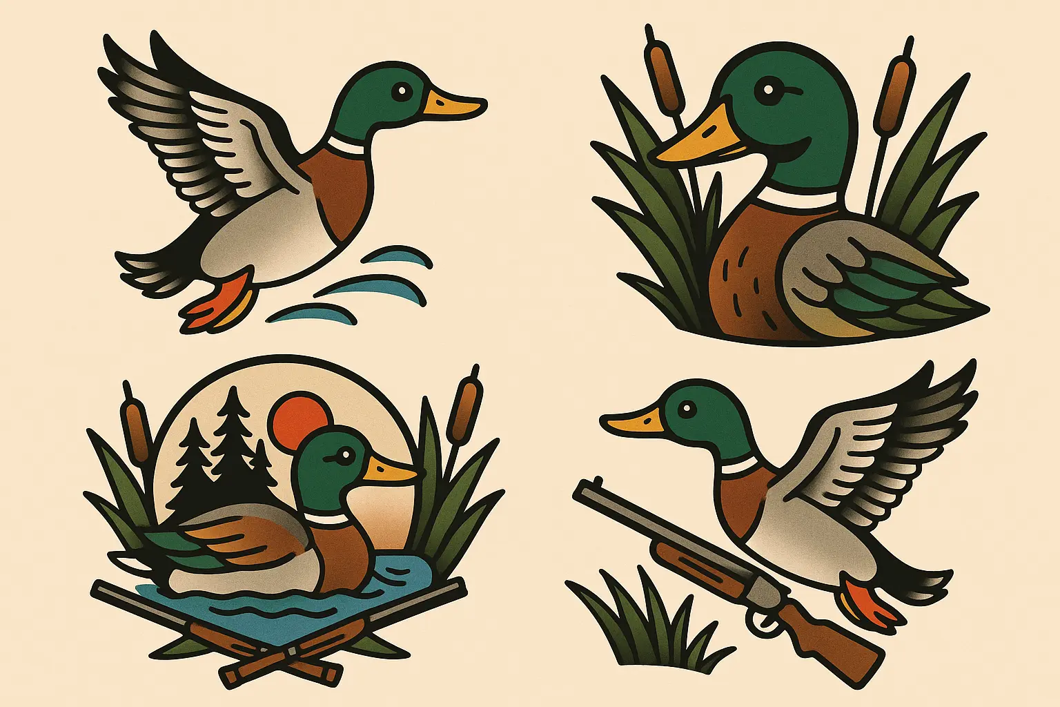 Traditional style duck tattoo with bold outlines and classic color palette