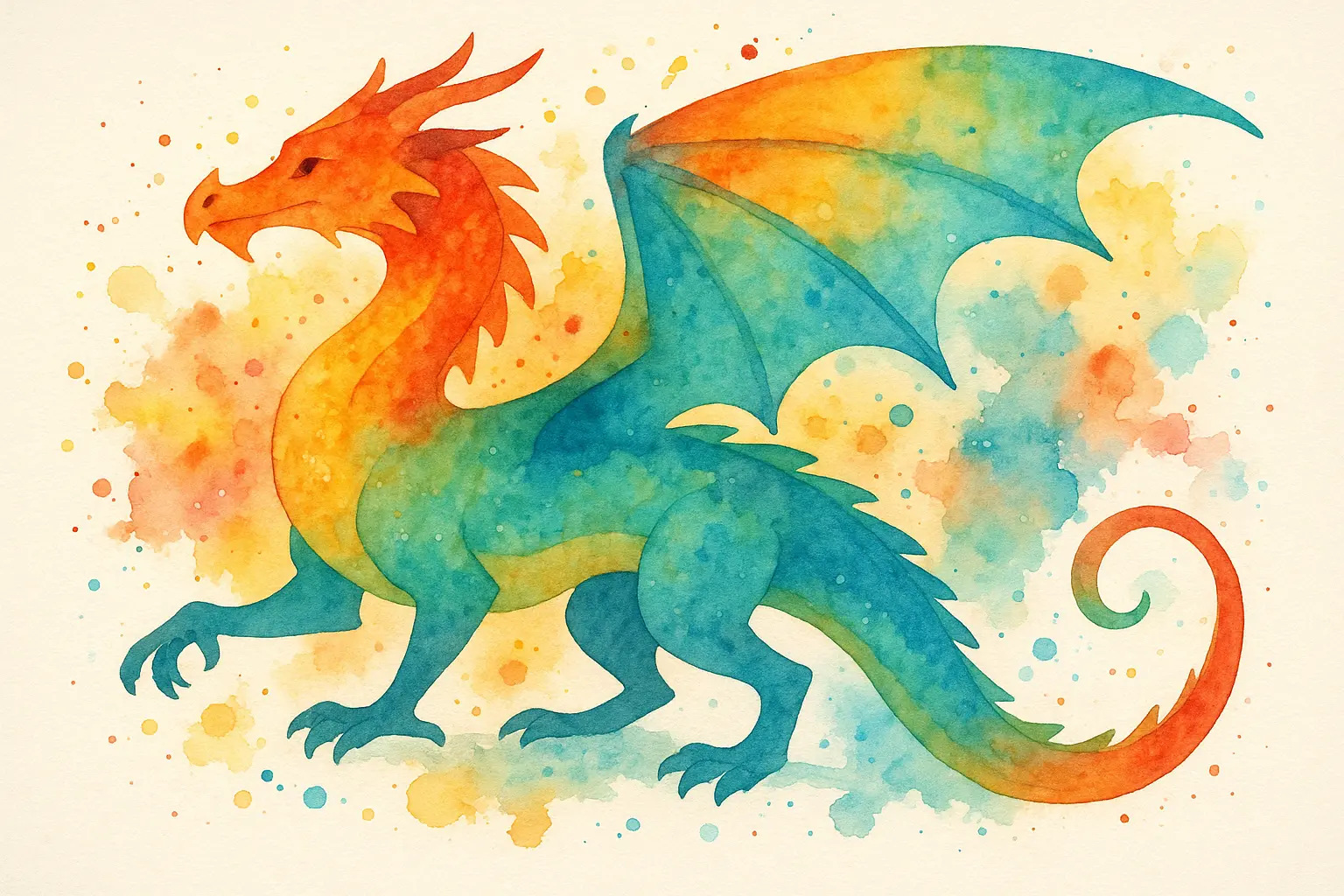 Watercolor dragon back tattoo with vibrant color splashes
