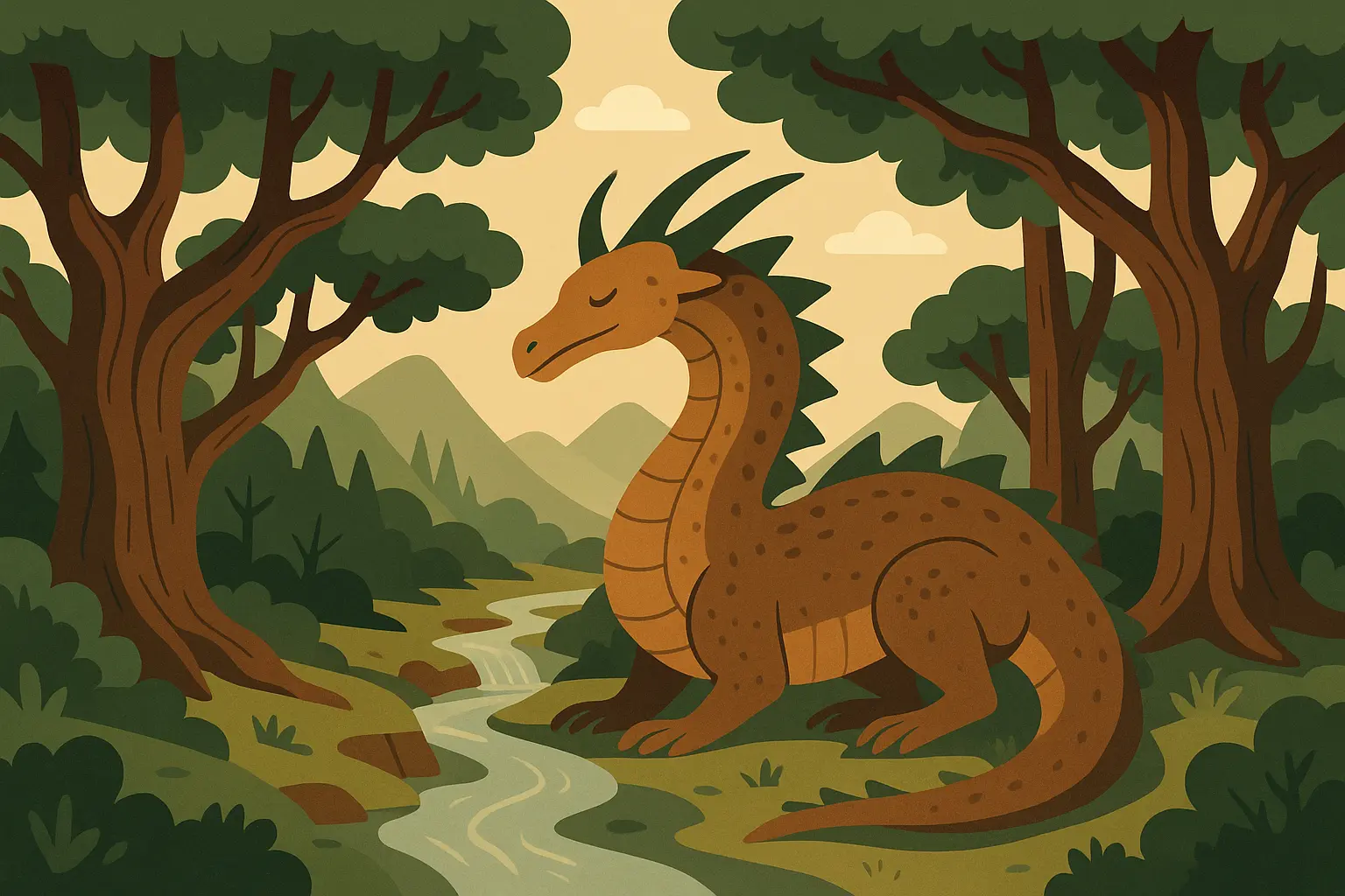 Dragon in forest setting back tattoo with natural landscape elements