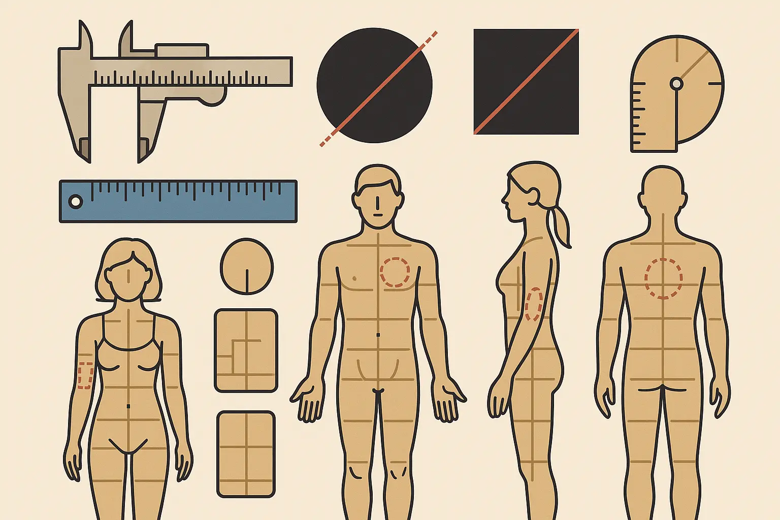 Tattoo size comparison guide showing different dimensions