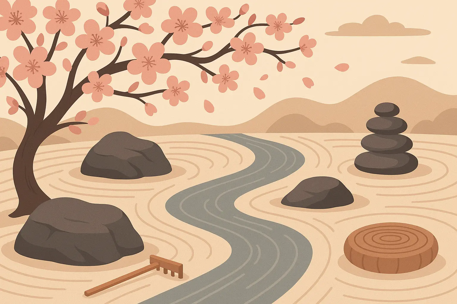 Zen garden cherry blossom tattoo with peaceful meditation elements