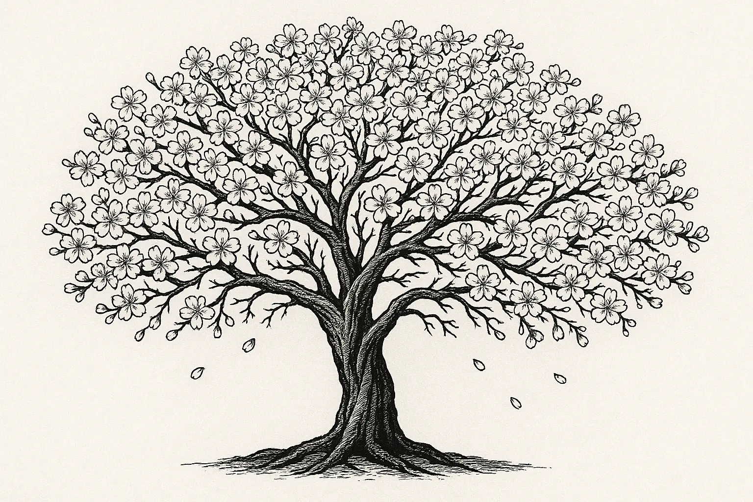 Classic black and white cherry blossom tree tattoo design