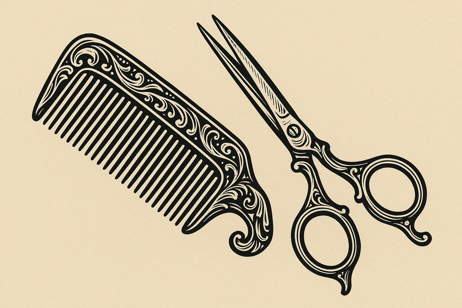 Vintage scissors and comb tattoo design