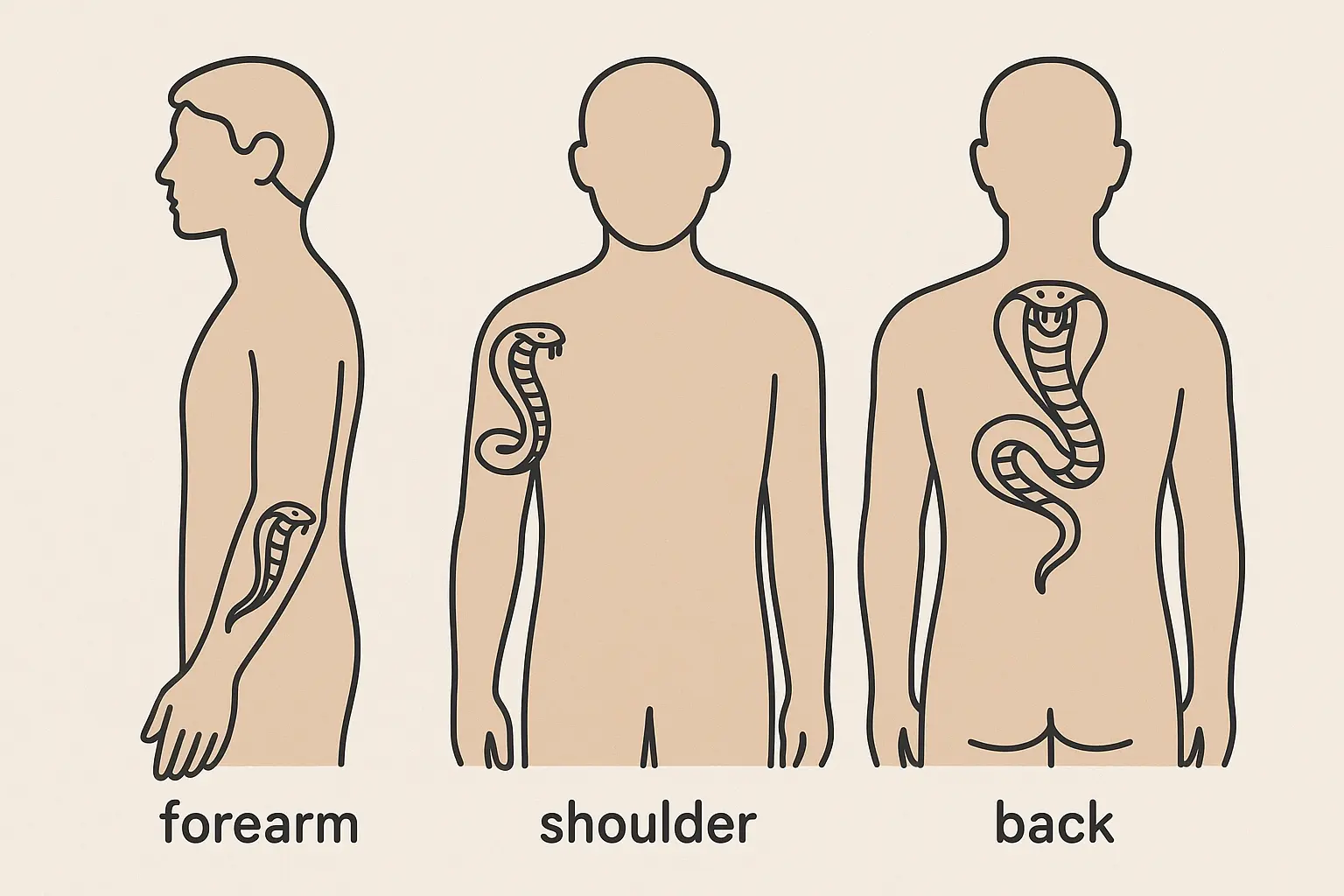 Cobra tattoo placement guide showing various body positions