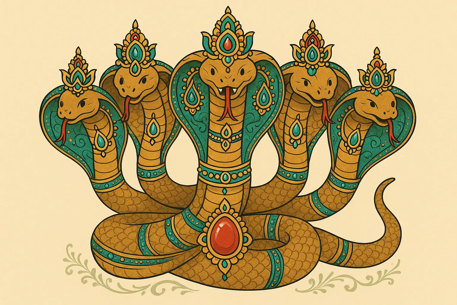 Hindu Naga cobra with multiple heads and ornate decorations