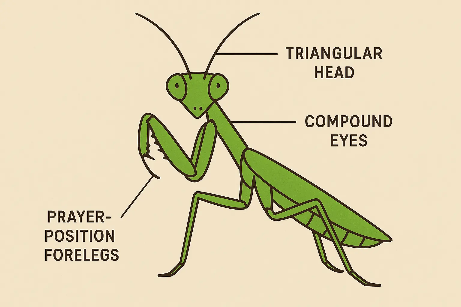 Detailed praying mantis anatomy showing key features