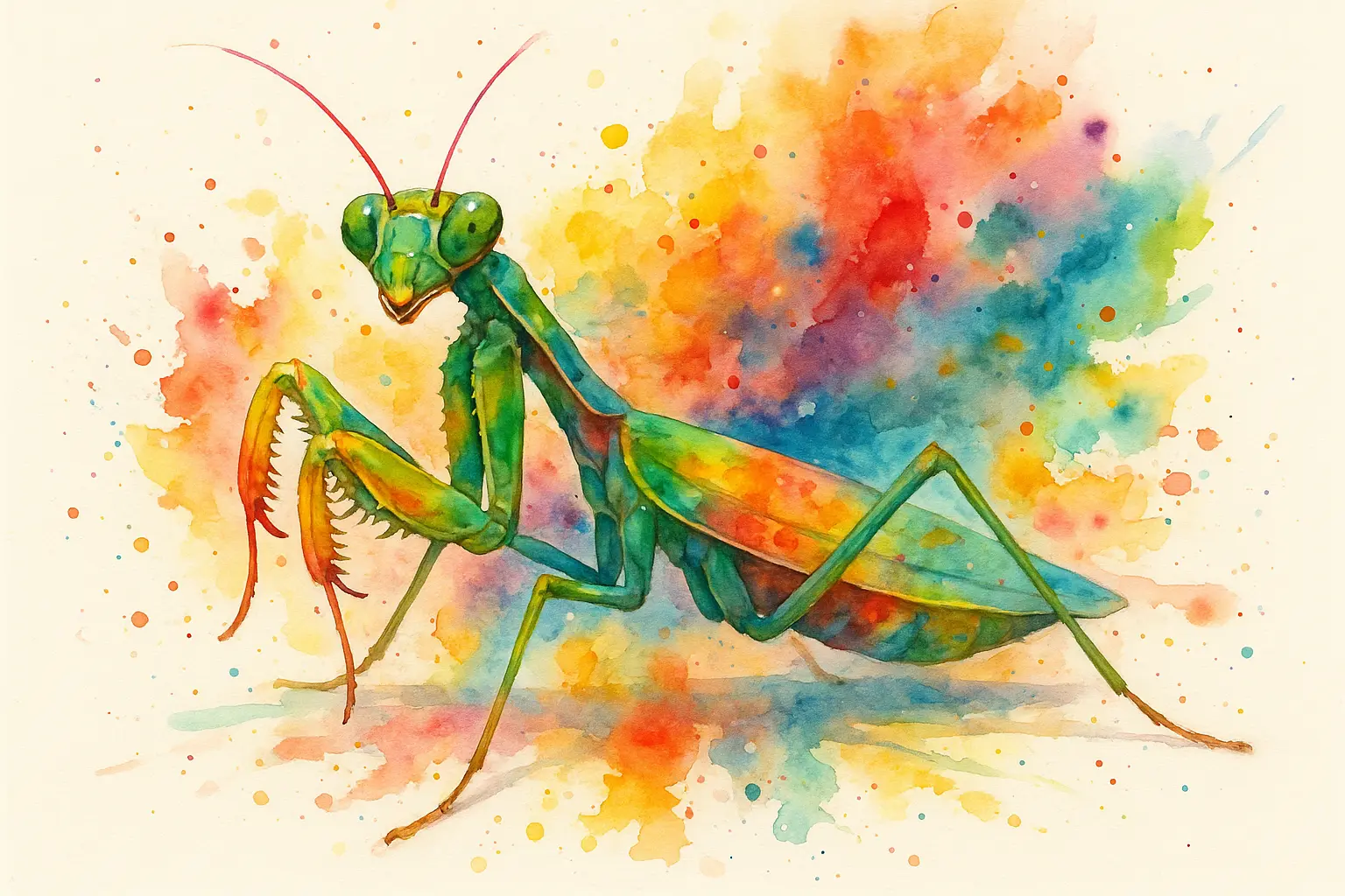 Watercolor style praying mantis with flowing colors