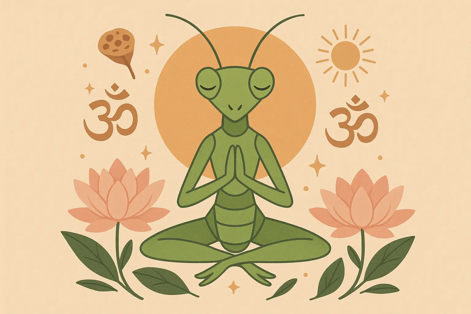 Praying mantis in meditation pose with spiritual elements