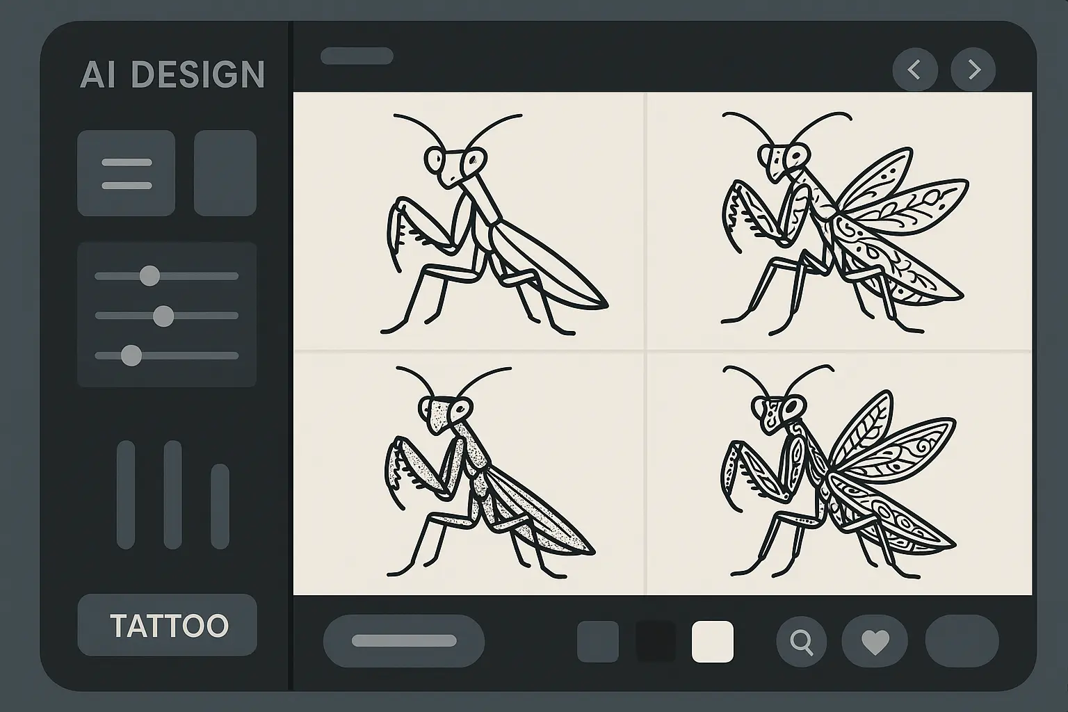 AI-generated praying mantis tattoo designs