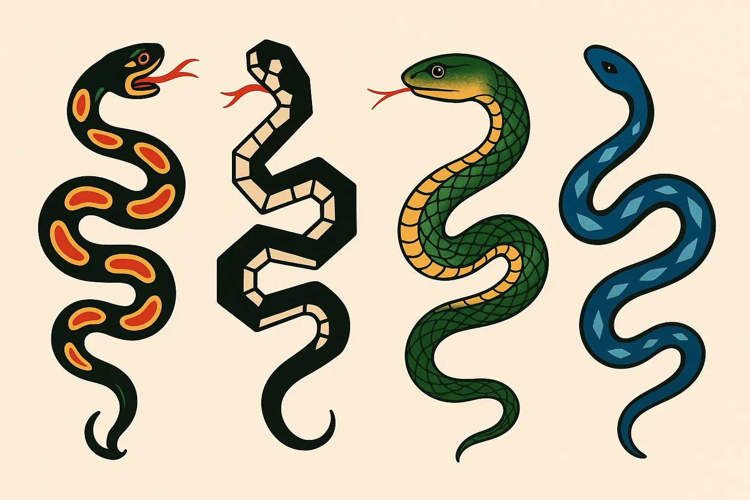 Various serpent tattoo designs showcasing different artistic styles
