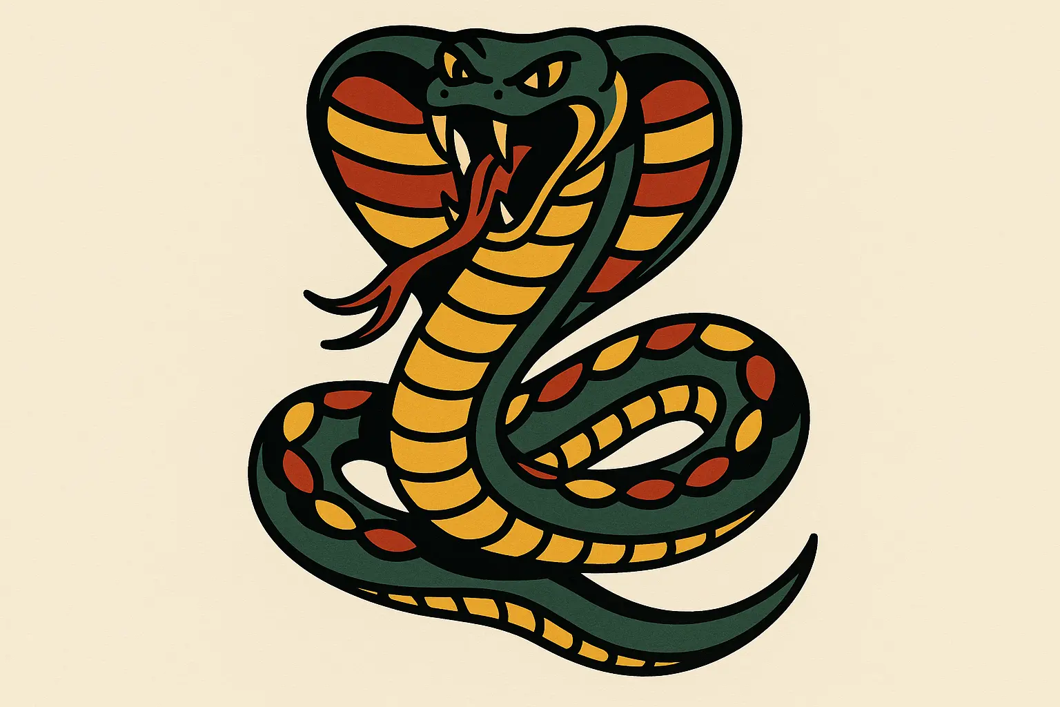 Traditional American cobra tattoo with bold lines and classic colors