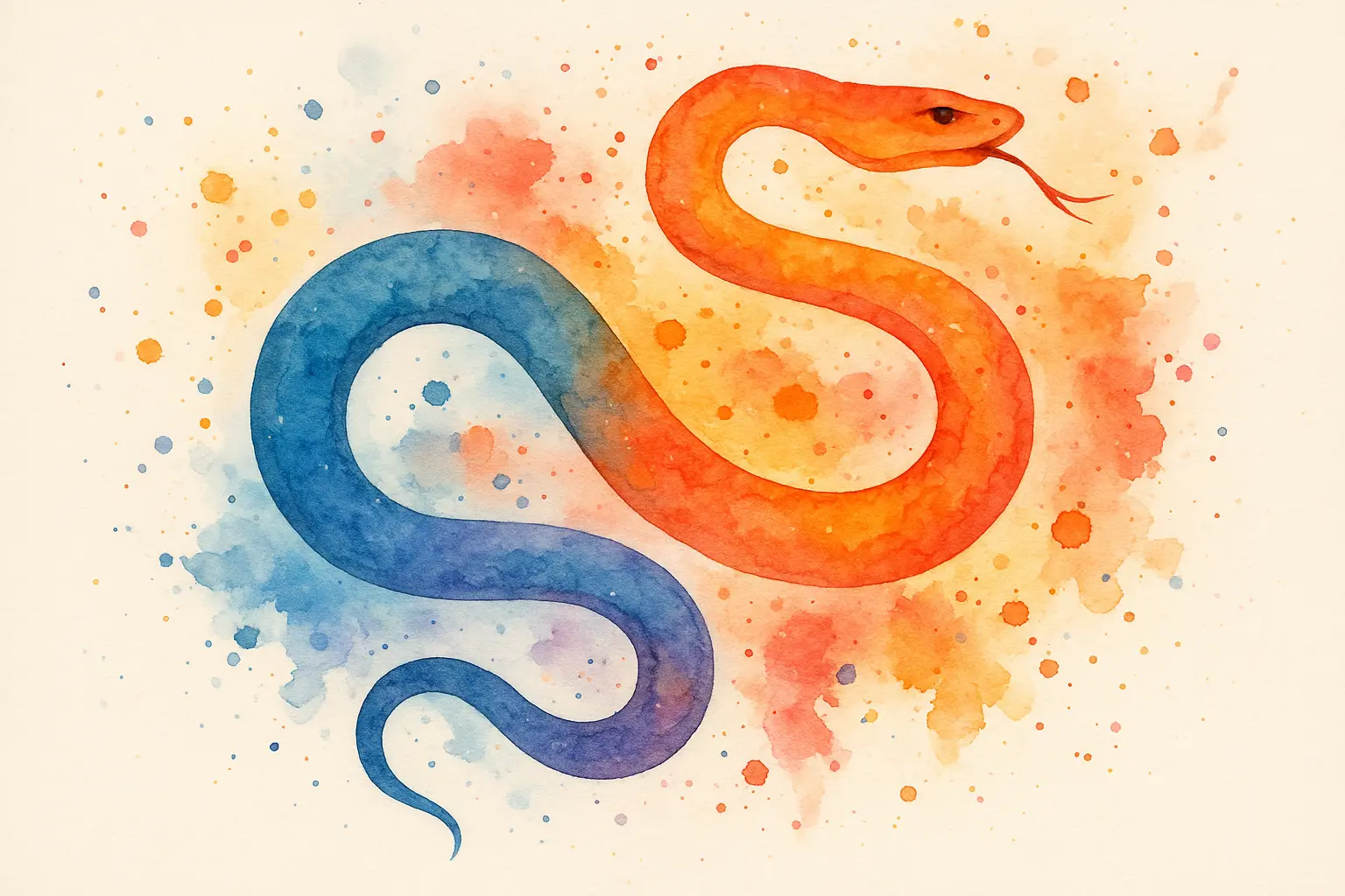 Watercolor serpent tattoo with paint splashes and flowing color gradients