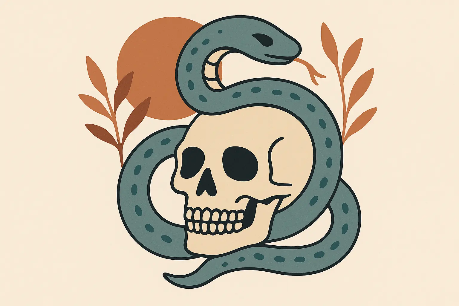 Serpent and skull composition tattoo showing life-death cycle symbolism