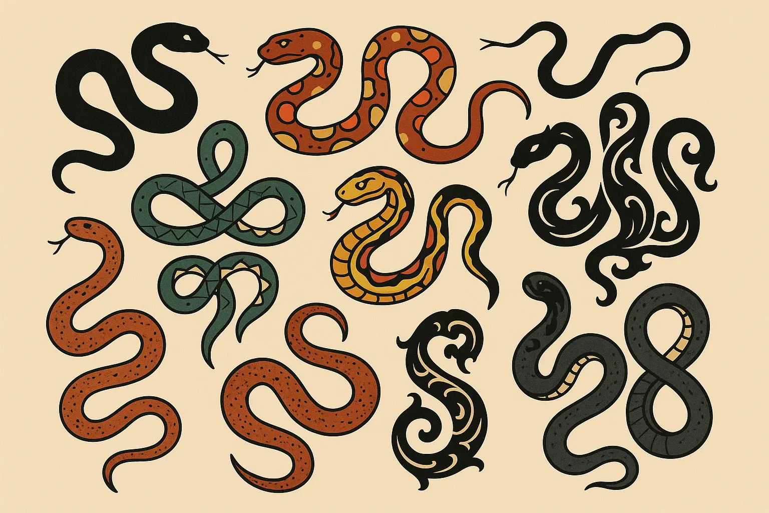 Collection of various serpent tattoo styles showing design diversity