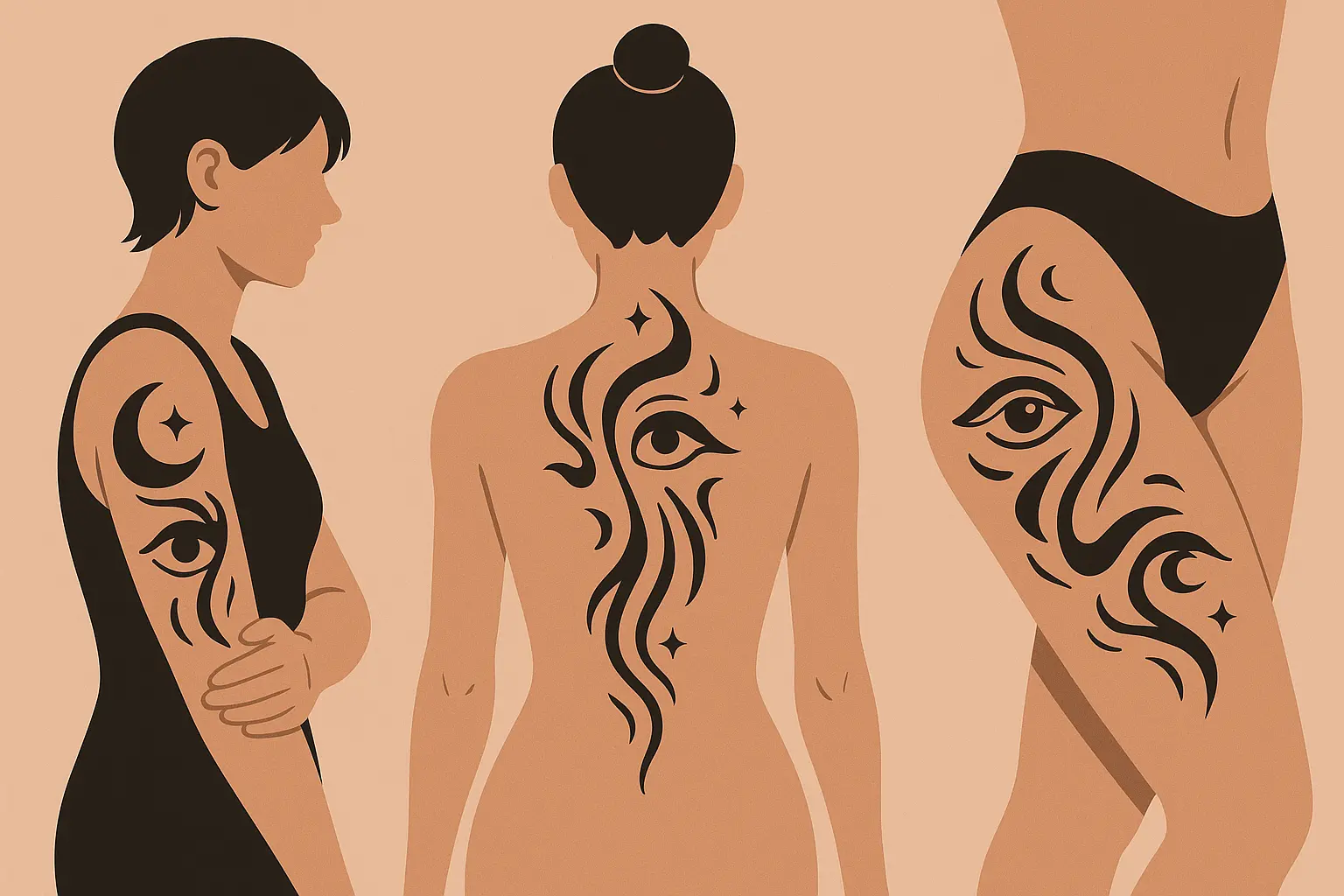 Surrealism tattoo placement examples showing flow dynamics on different body parts