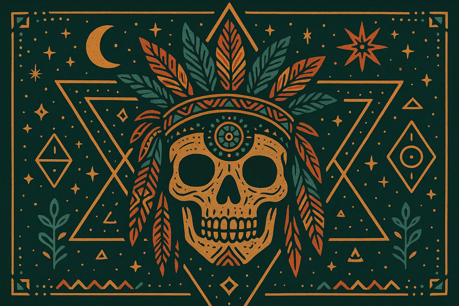 Cultural skull imagery with traditional patterns and symbols