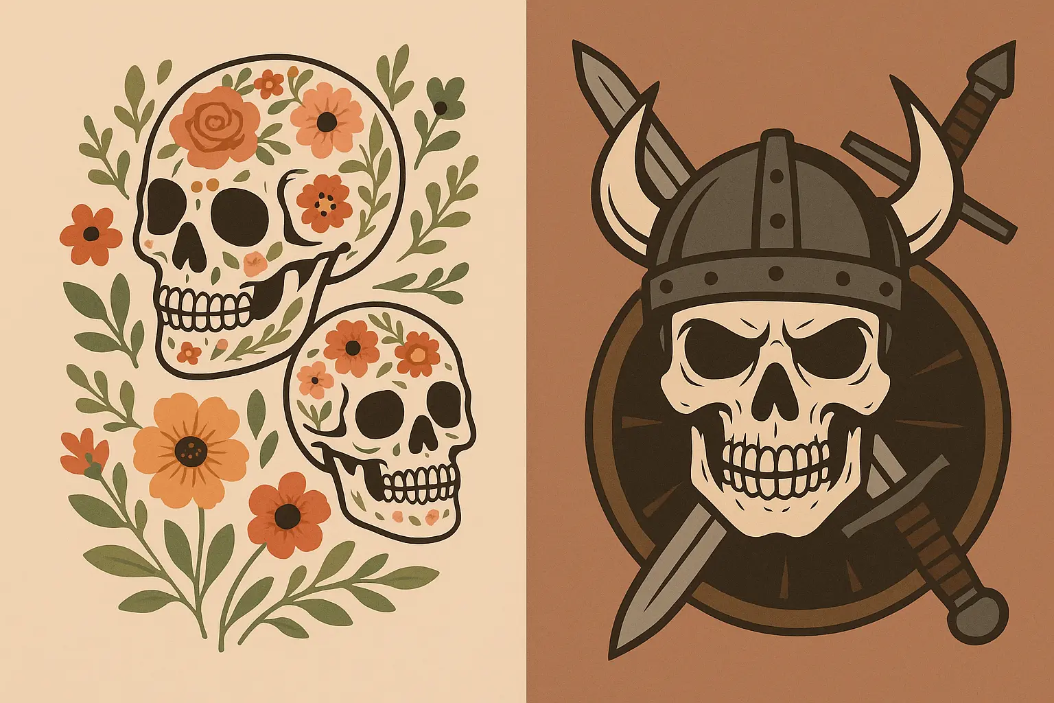 Gender-specific skull tattoo designs showing masculine and feminine interpretations