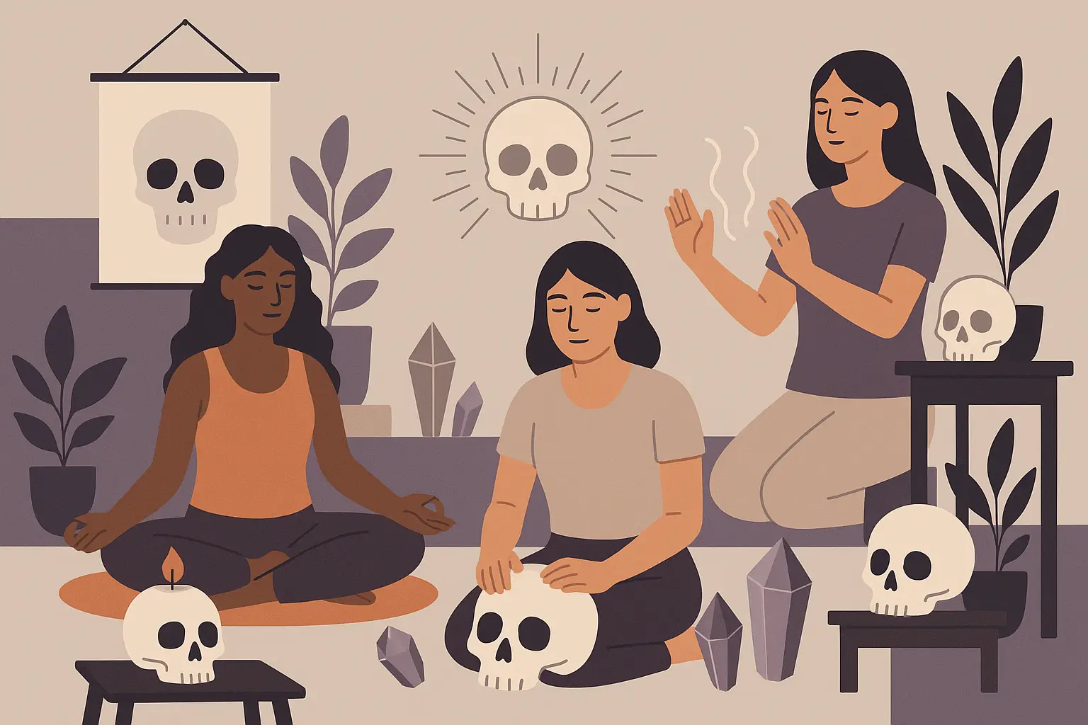 Sacred skull art with spiritual symbols and modern elements
