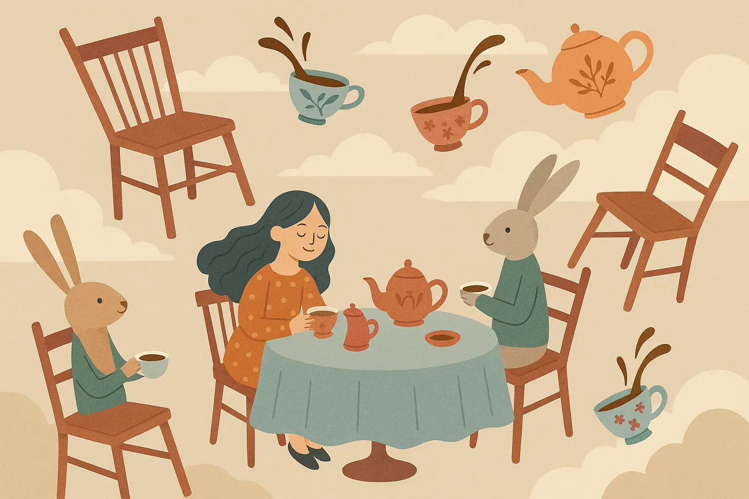 Dream logic narrative surrealism tattoo showing gravity-defying tea party scene