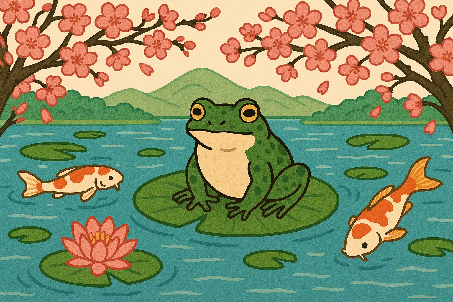 Traditional Japanese frog tattoo with cherry blossoms