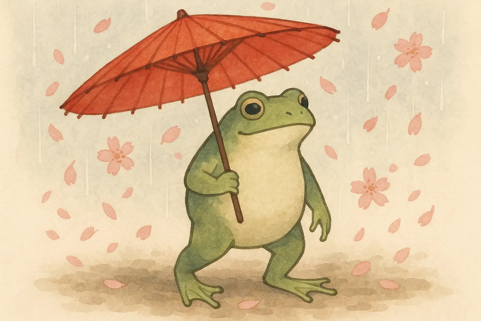 Traditional Japanese frog with umbrella in rain