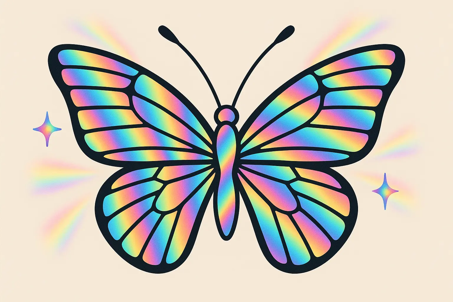 Holographic butterfly Y2K tattoo design with rainbow effects