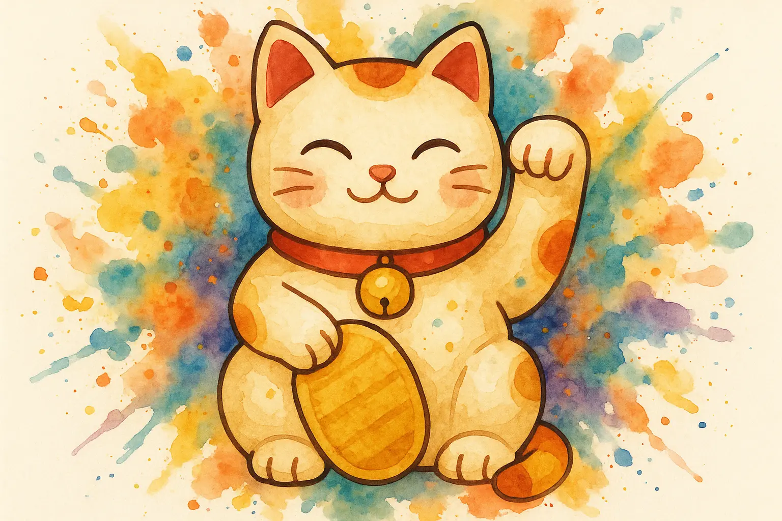 Colorful watercolor lucky cat tattoo