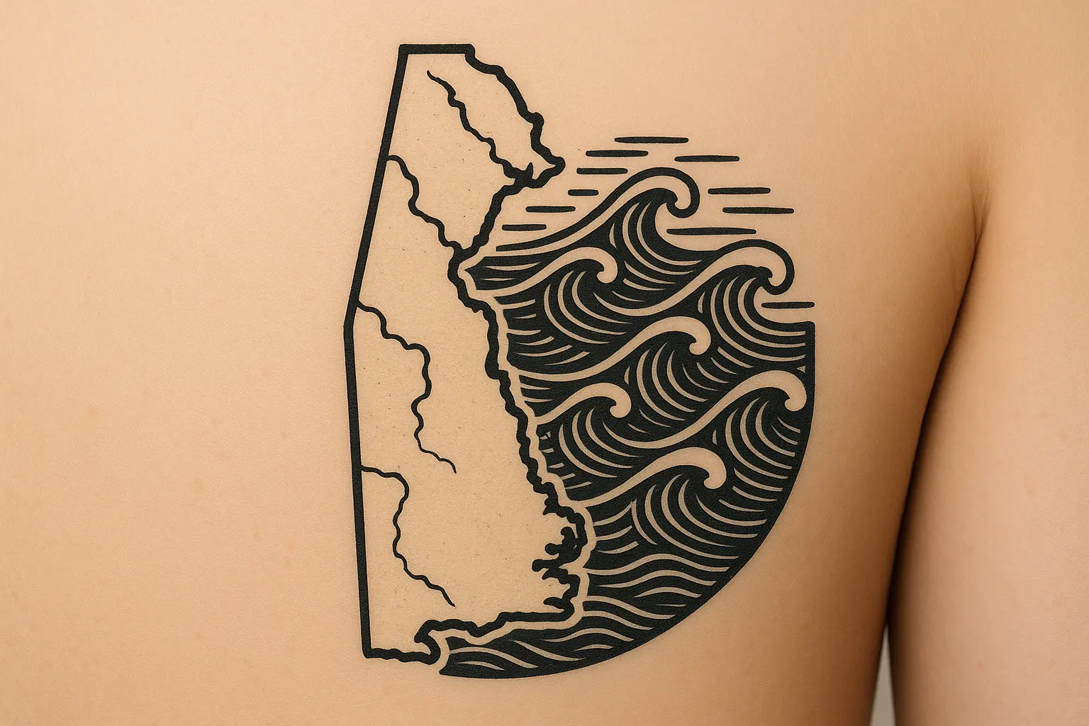 Coastal region map tattoo with wave elements
