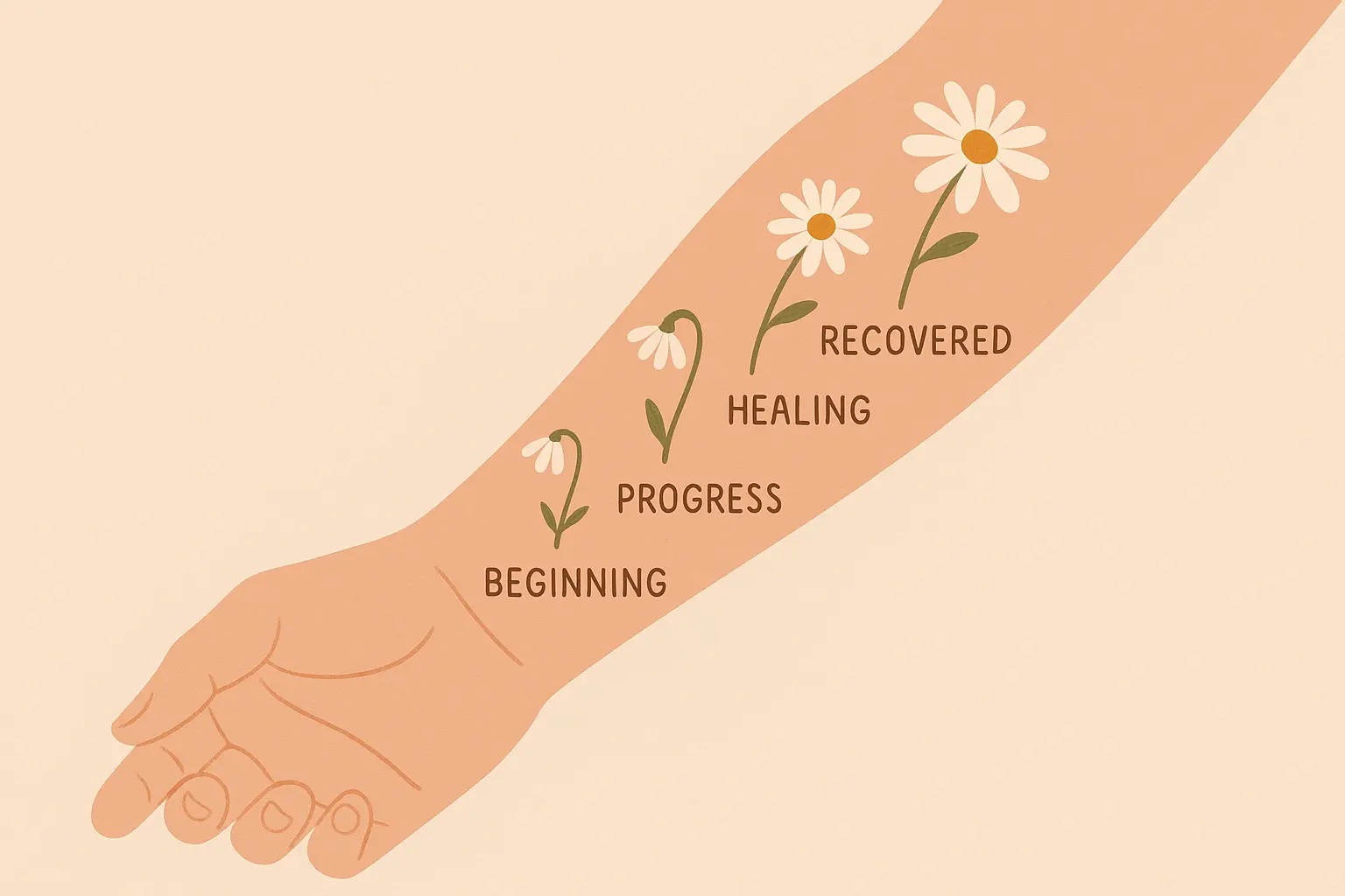 Small daisy tattoo on wrist representing mental health recovery